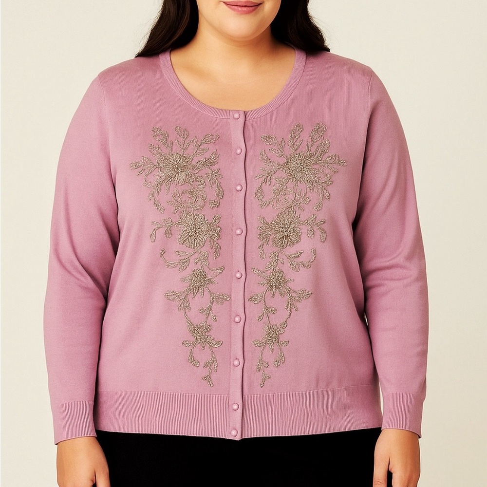 Spense Knit Cardigan XL Beaded Silver Embellished Solid Lavender Pink Statement